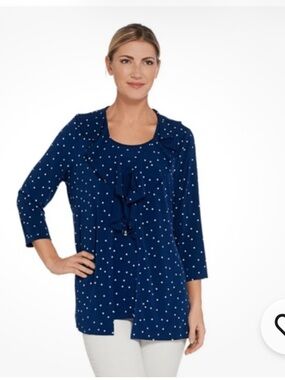 Susan Graver 2 piece Navy and white Polka Dot Ruffle Front Cardi and tank size m